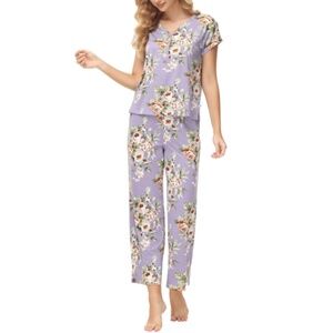 Echo Women's 2 Piece Printed Short Sleeve Henley Top with Wide Pants Pajama Set